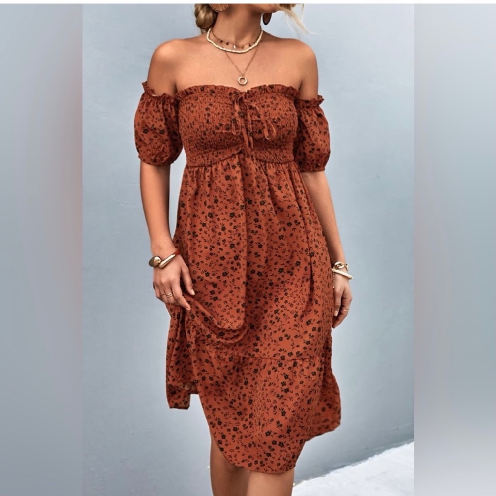Smocked Off-Shoulder Midi Dress in Rust Floral